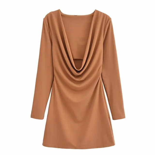 New Summer Design Tight Waist Pleated Draped Collar Long Sleeve Short Dress - Shop at LoveMi
