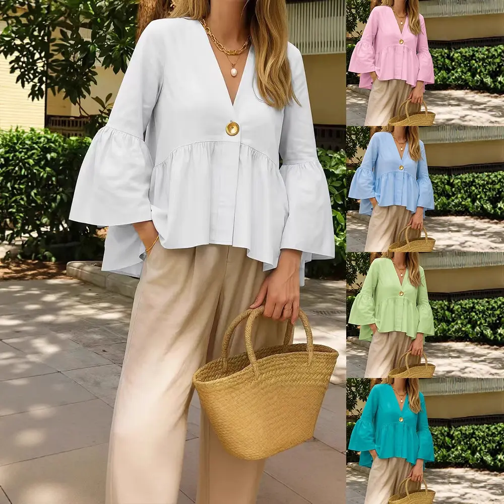 Womens Casual Long-sleeve V-neck Pullover Blouse