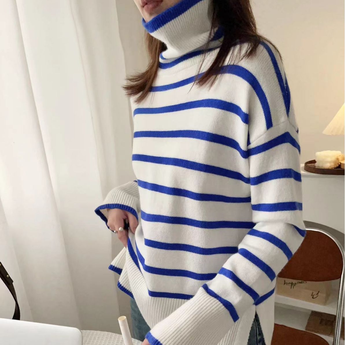 Women's Turtleneck Striped Sweater Loose Side Slit