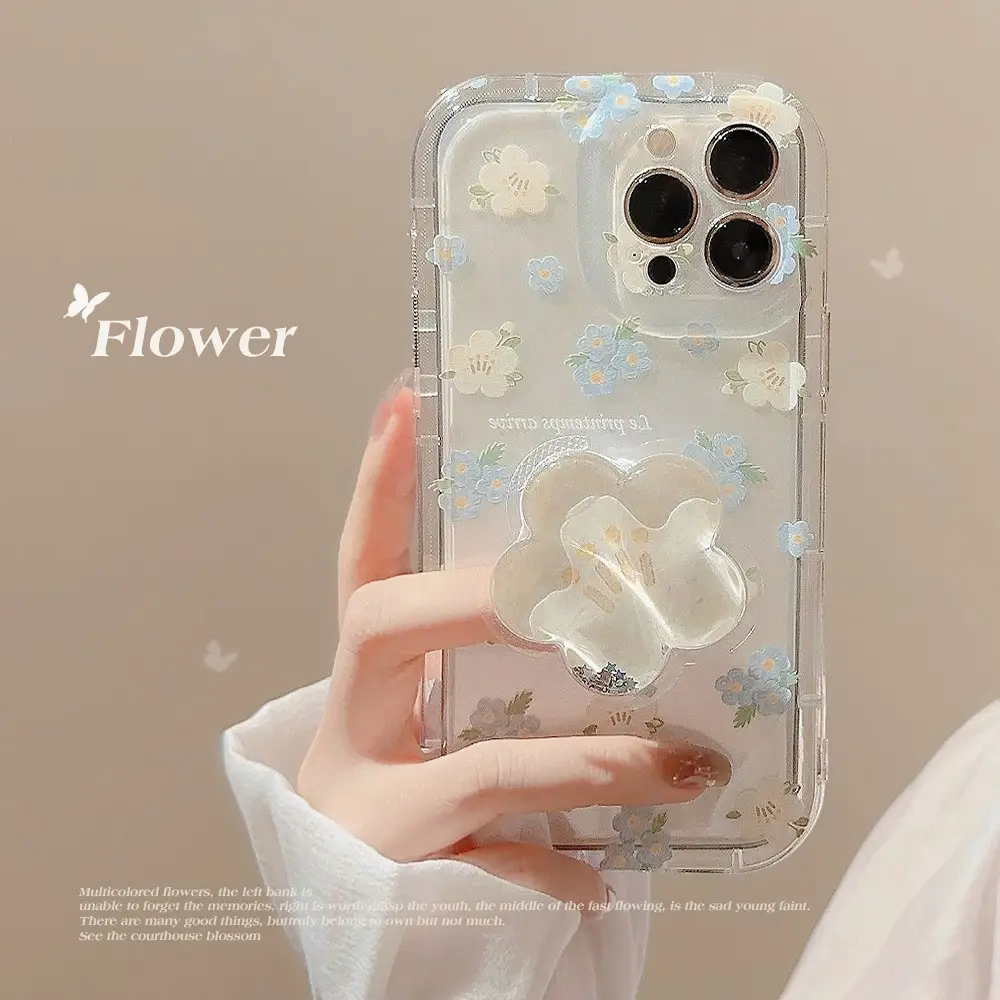 Floral Shell Phone Case Quicksand Bracket Transparent