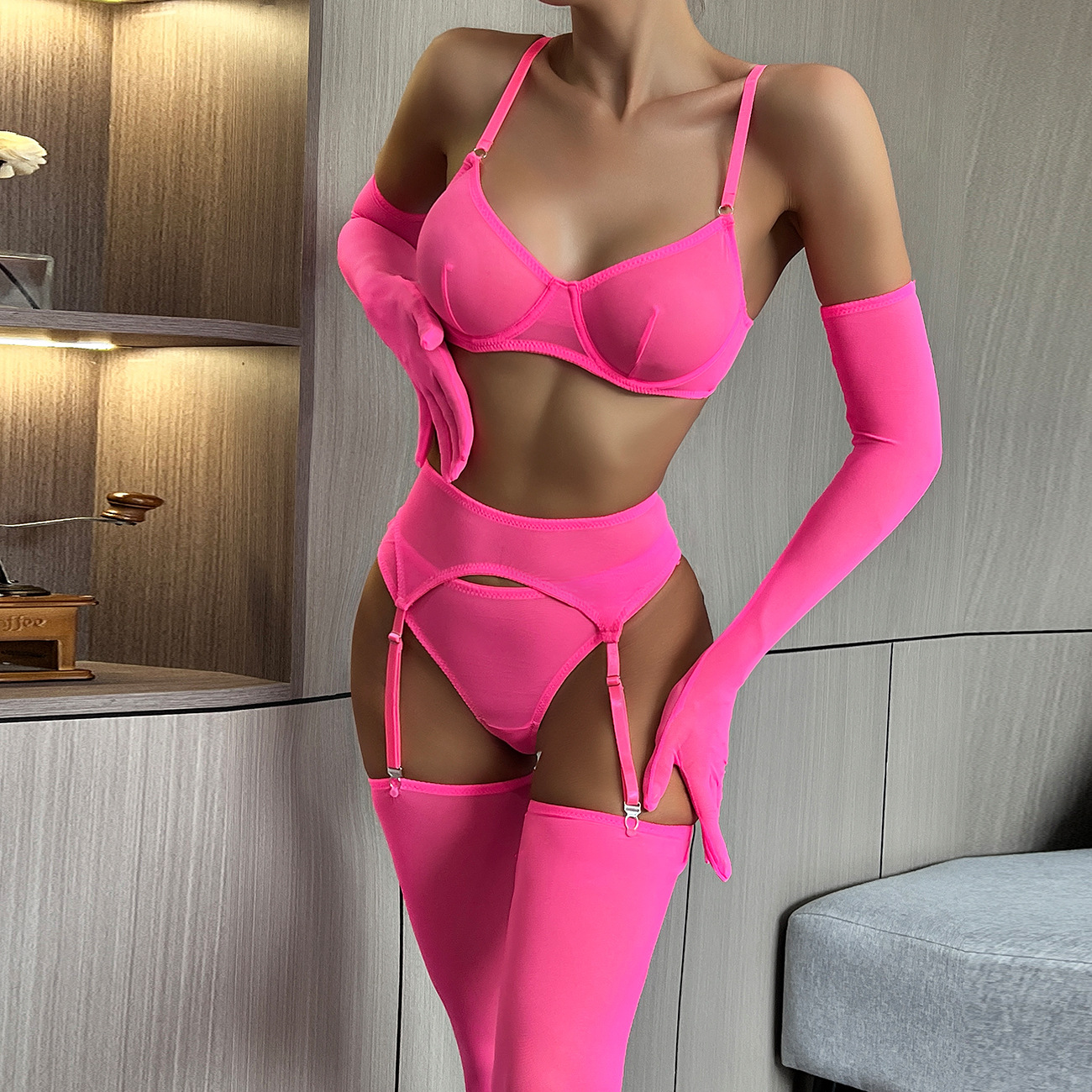 Curea de jartieră și set de ciorapi de culoare solidă roz-roșie Set lenjerie sexy