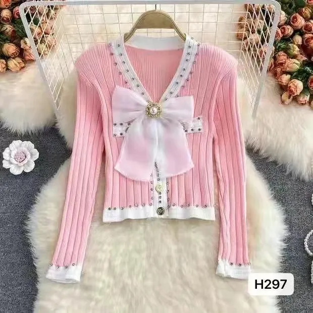 Fashion V neck Bow Knitted Coat Women's Top Pink - Shop at LoveMi