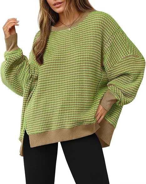 Waffle Knitted Long Sleeve Crew Neck Split Pullover Sweater Yellow Green - Shop at LoveMi