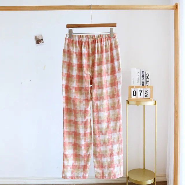 Women's Fashion Casual Cotton Plaid Gauze Trousers Pink - Shop at LoveMi