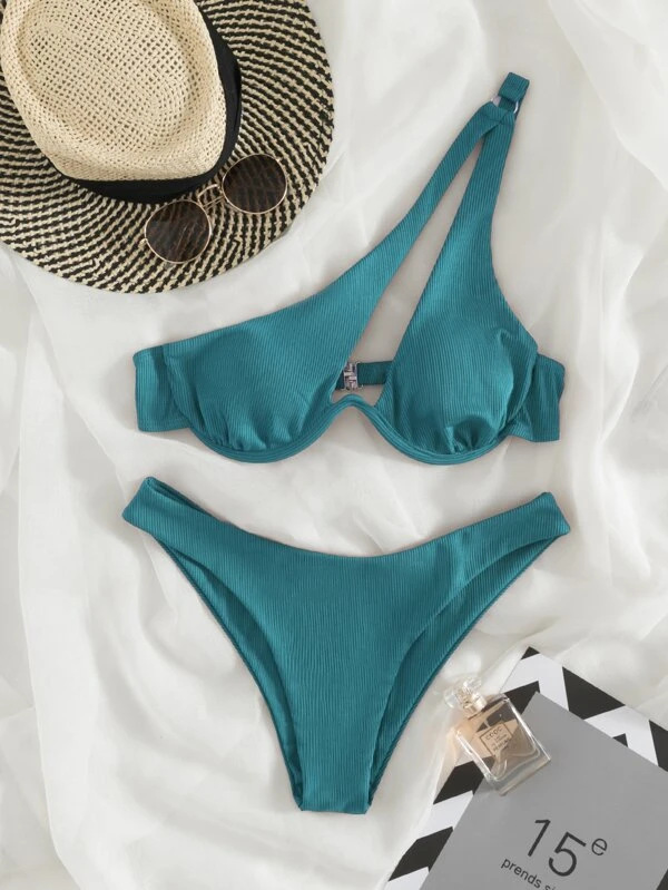 Women's Seperated Swimwear Solid Color One Shoulder Underwire Bikini Blue And Green - Shop at LoveMi
