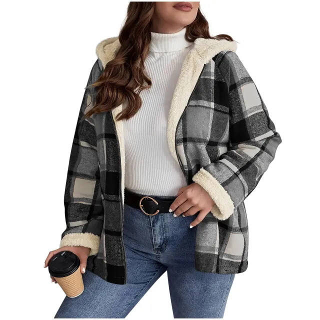 Plaid Printed Coat Fleece lined Thickened Composite Hooded Gray - Shop at LoveMi