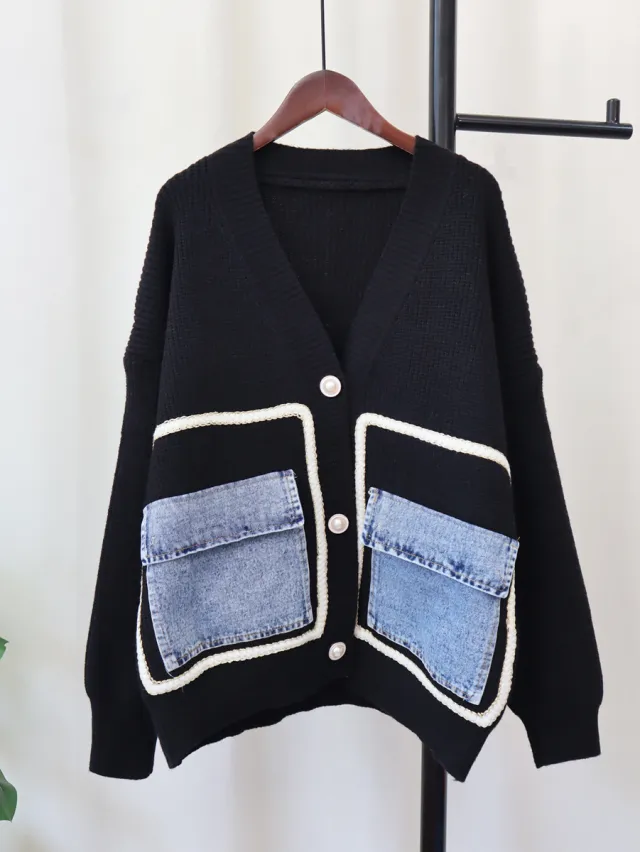 Denim Pocket Knitted Cardigan Loose Design Temperament Versatile Sweater Coat Black - Shop at LoveMi