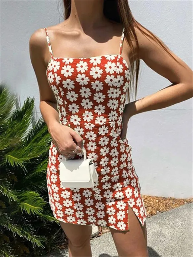 Beach Mini Skirt Printed Backless Sling Slim Fit Dress Red - Shop at LoveMi