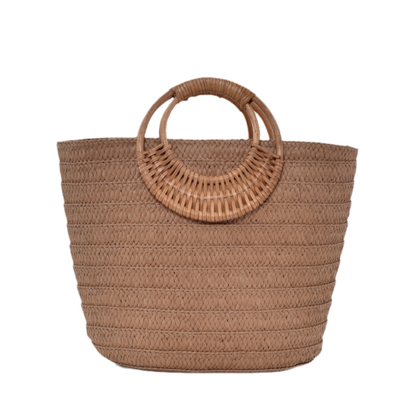 Simple Straw Weave Womens Large-Capacity Round-Handle Tote Bag
