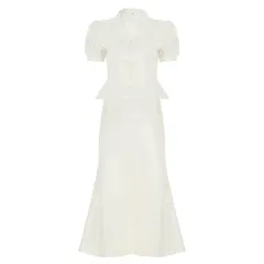 Temperament Pure Color Puff Sleeve Lapel Breasted Top A- Line Fishtail Dress Ladies' Fashion Suit - White - View 1
