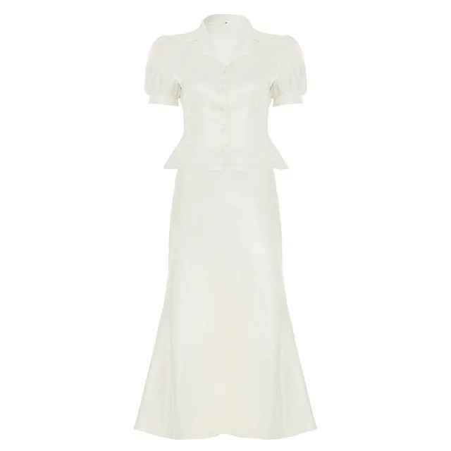 Temperament Pure Color Puff Sleeve Lapel Breasted Top A Line Fishtail Dress Ladies' Fashion Suit White - Shop at LoveMi