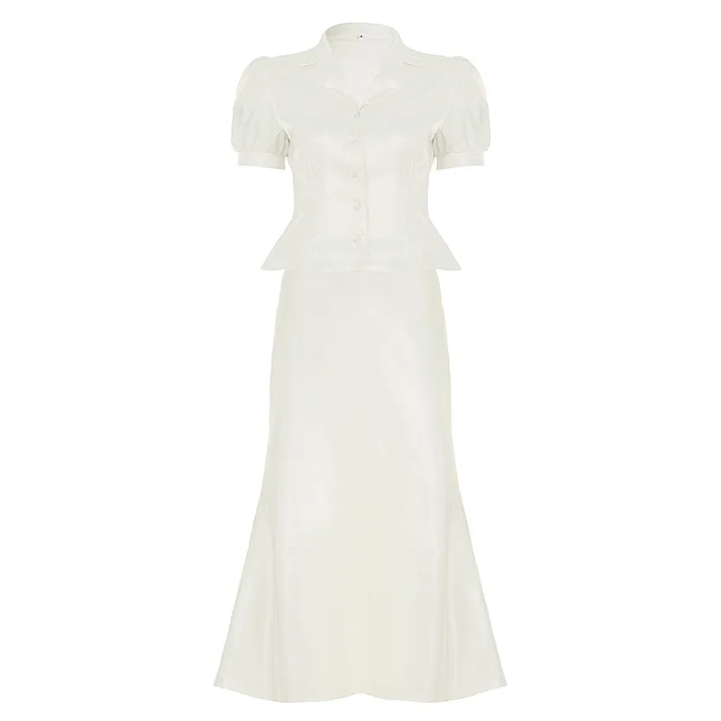 Temperament Pure Color Puff Sleeve Lapel Breasted Top A- Line Fishtail Dress Ladies' Fashion Suit - White