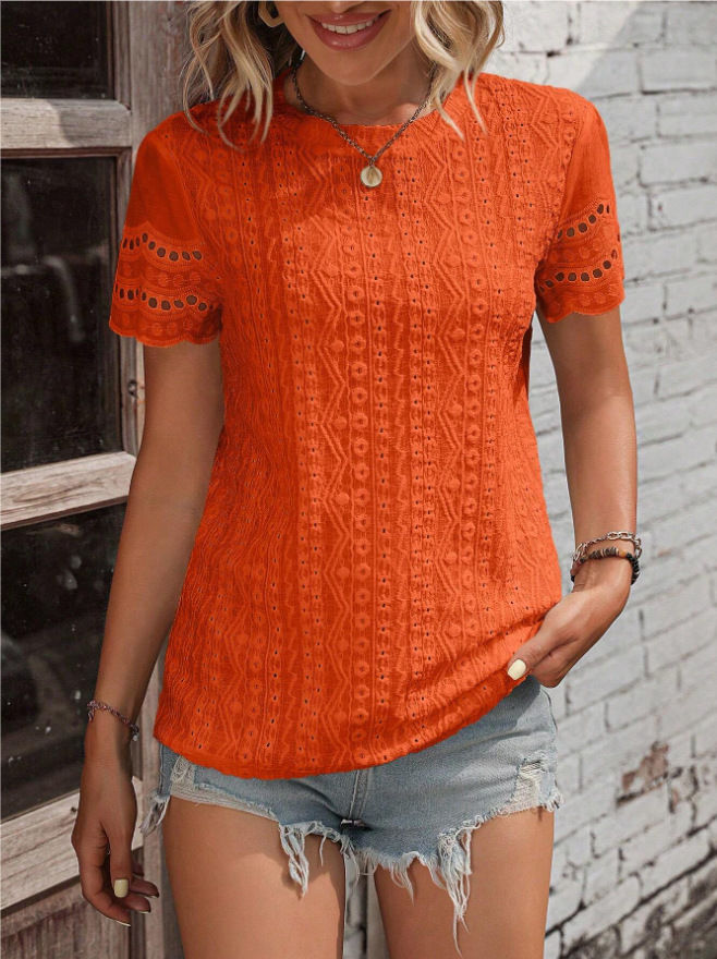 Women's Solid Color V Casual Short sleeved Shirt Orange - Shop at LoveMi