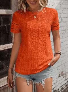 Women's Solid Colour V Casual Short-sleeved Shirt - Orange - View 1
