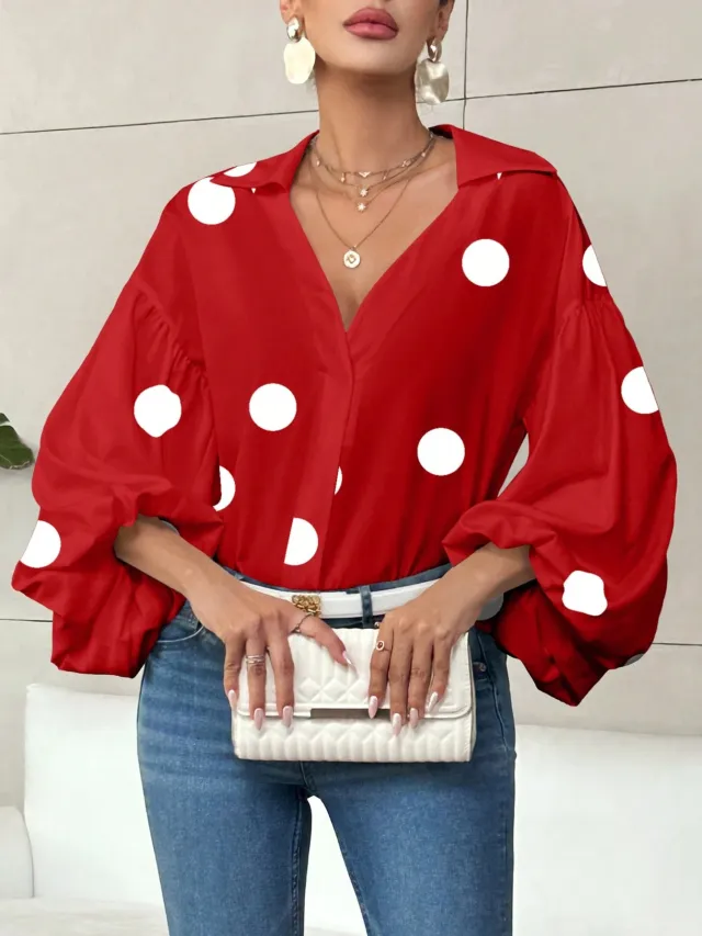 Niche Fashionable French Polka Dot Half open Collar Design Loose Bubble Long Sleeve Top Red Polka Dot - Shop at LoveMi