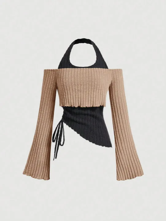 Street Fashion Fake Two piece Pure Color Halter Slim fit Short Sweet Cool Vest Khaki - Shop at LoveMi
