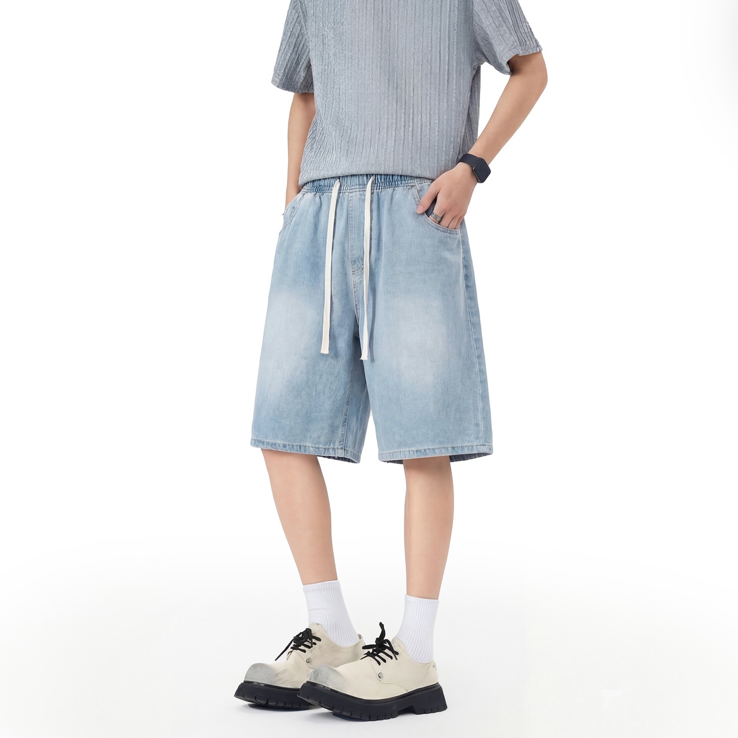 Mens Stretch Waist Lyocell Ice Silk Denim Shorts