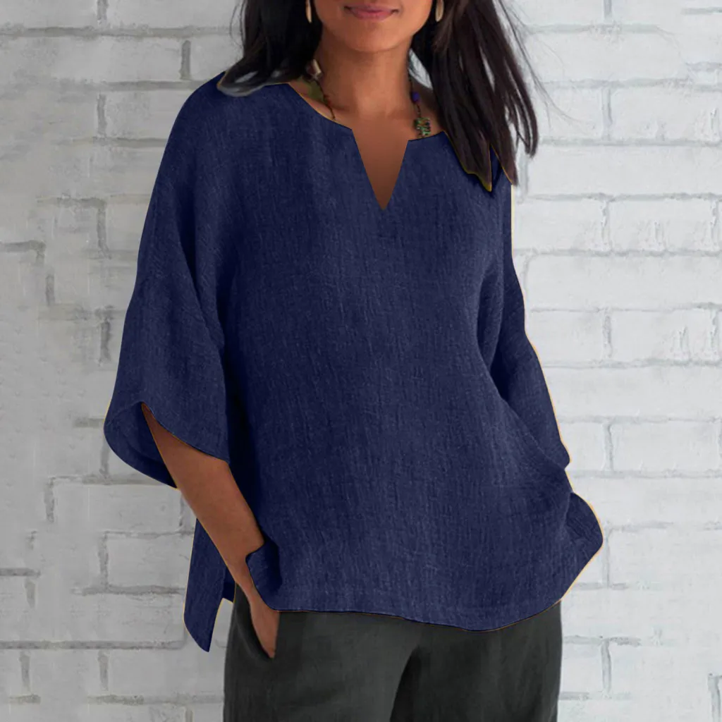 Three-quarter Sleeve Cotton And Linen V-neck Top Split Women's Clothing - Navy Blue
