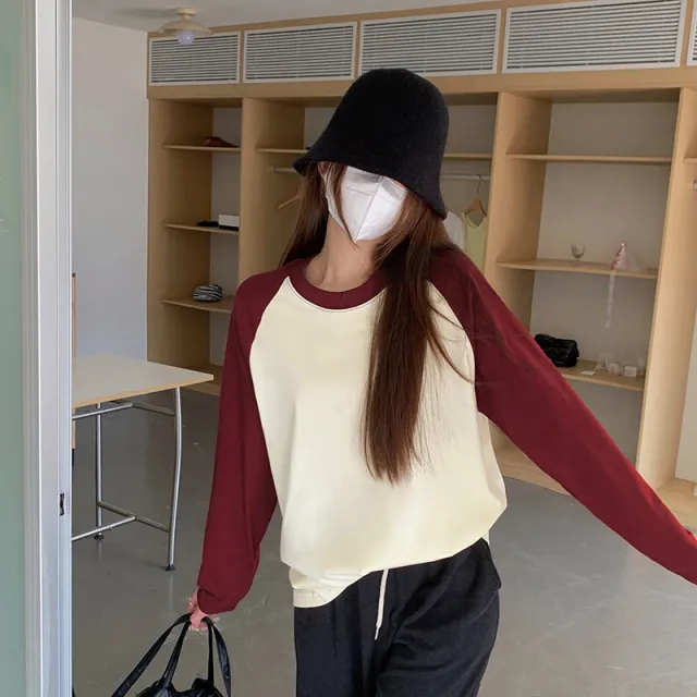 Women's Early Spring And Autumn Raglan Sleeve Loose Mid length Cotton Bottoming Shirt Top Wine - Shop at LoveMi