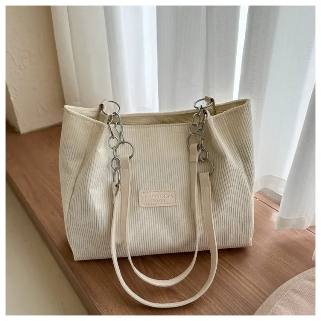 New Corduroy One shoulder Tote Large Capacity Handbag For Women White - Shop at LoveMi