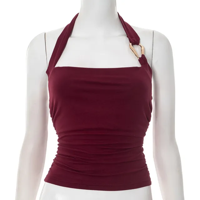 European And American Pure Color Halter Metal Ring Vest Camisole Top Wine - Shop at LoveMi