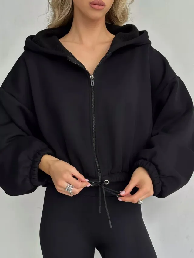 Cropped Fitted Hoodie With A Drawstring Hood And Long Sleeves Perfect For Casual Wear Black - Shop at LoveMi