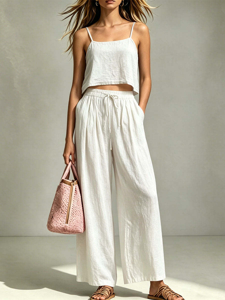 Women's camisole wide-leg pants set in white – full length view