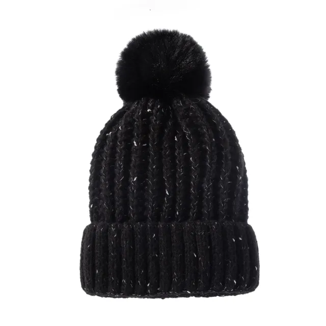 Fleece lined Warm Fur Ball Adult Knitted Hat Autumn And Winter Women's Wool Single Ball Hat Black - Shop at LoveMi