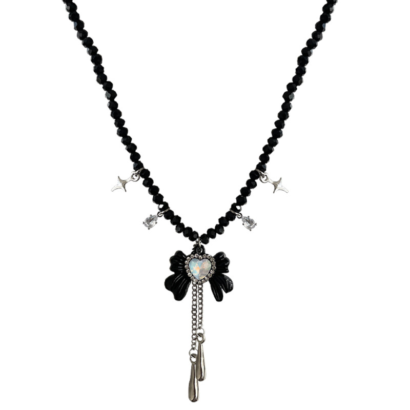 Black Bow Stitching Heart Necklace