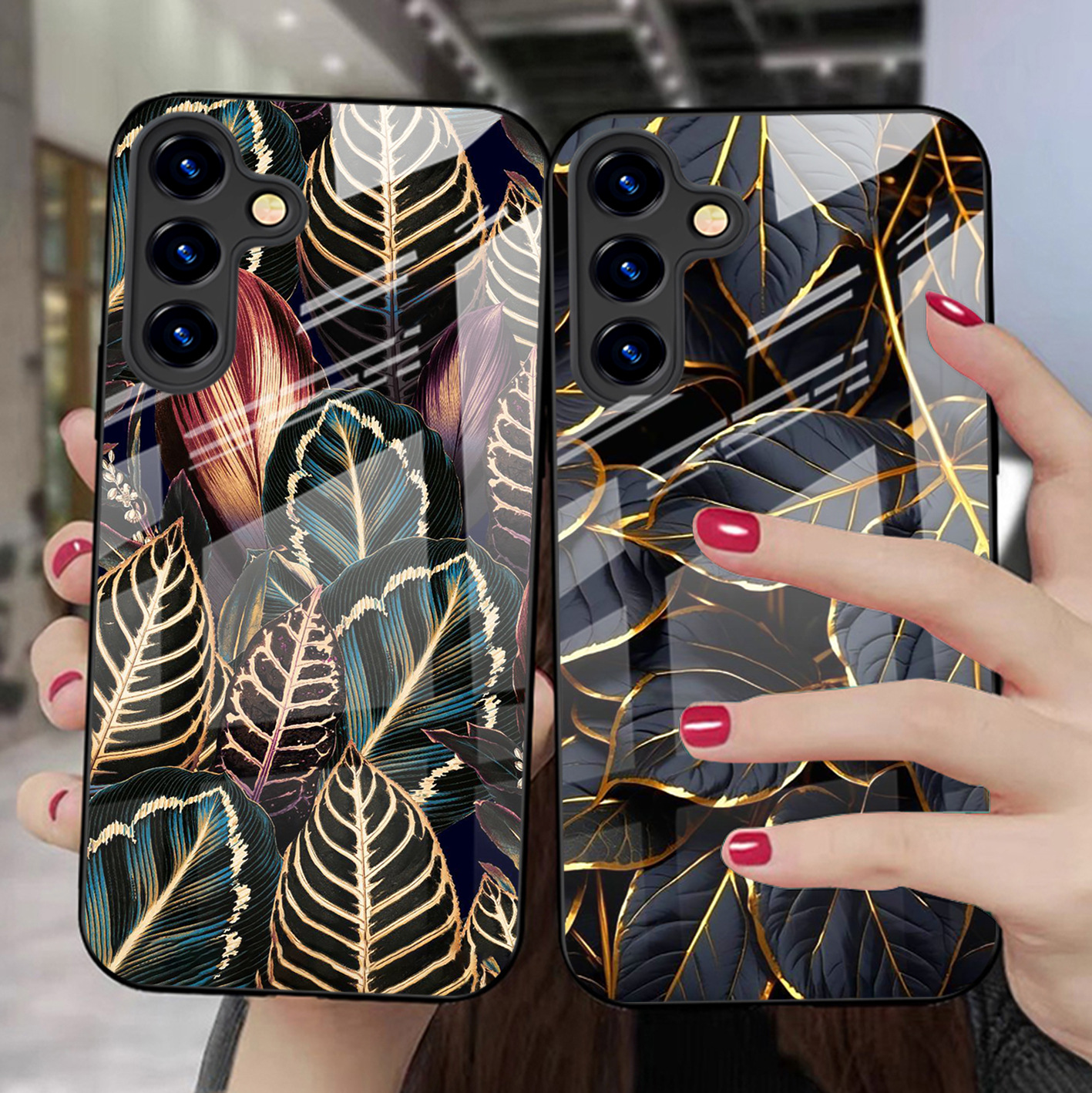 Glass Phone Case Golden Leaf Protective Cover