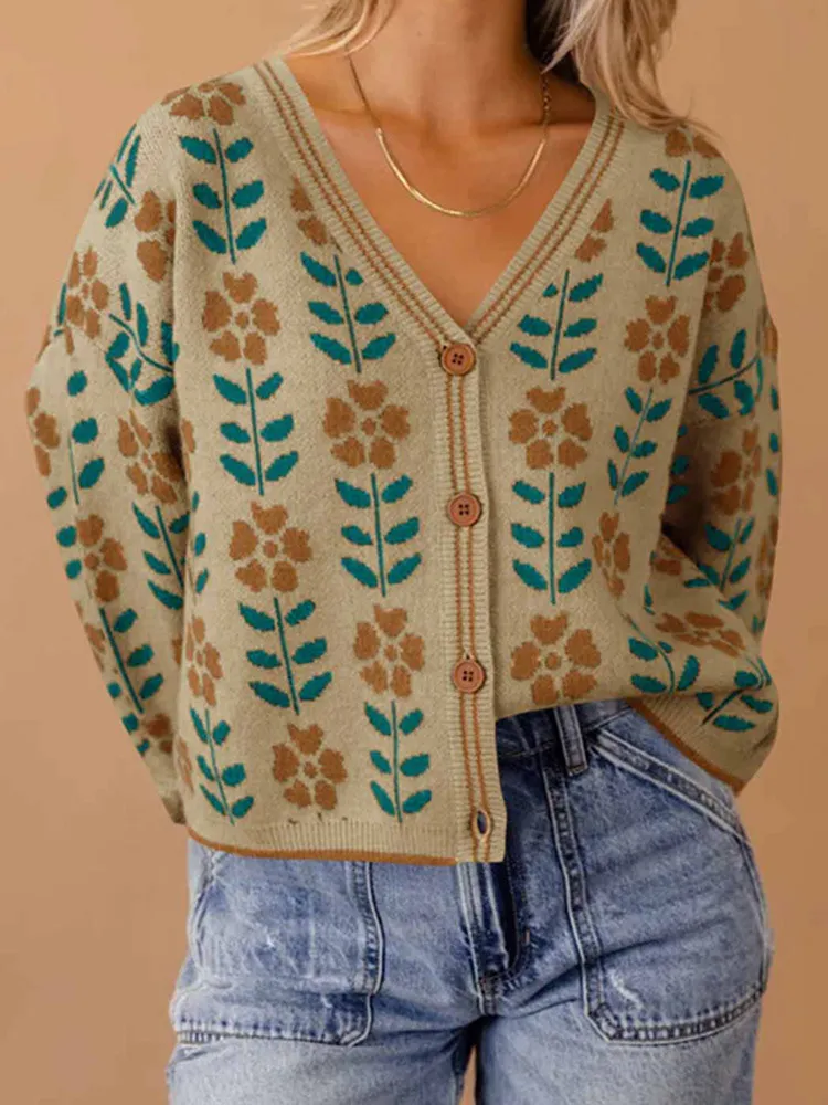 European And American Ladies Single-breasted Long Sleeve Flower Sweater - Khaki