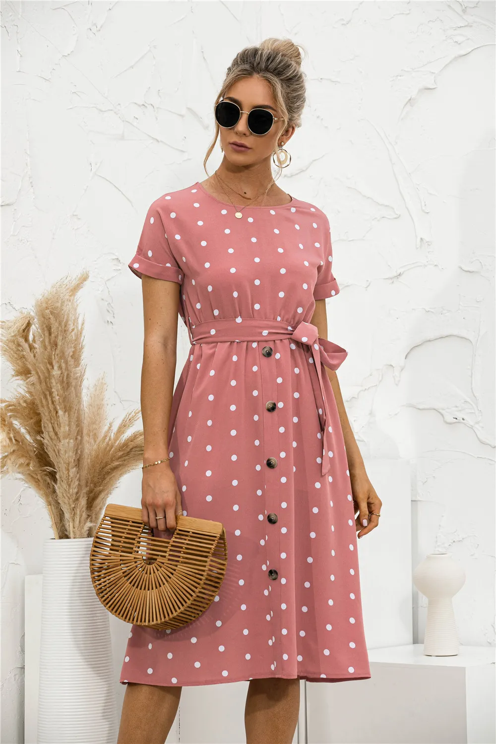 Summer Polka Dot Breasted Dress - Pink