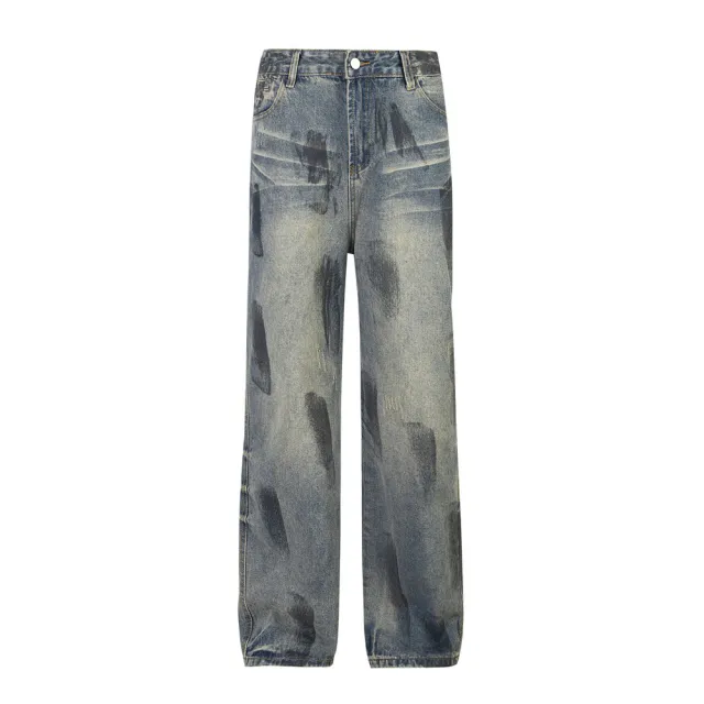 Painting Splash ink Jeans Men And Women Punk Loose Blue - Shop at LoveMi