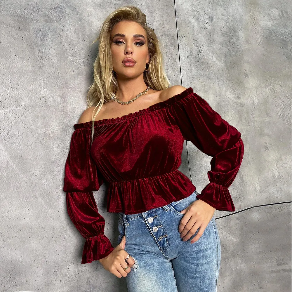 French Style Velvet Long Sleeve T-shirt Top For Women - Wine