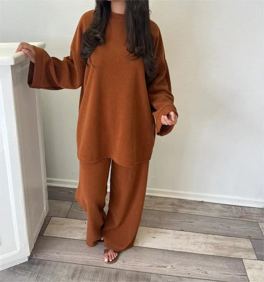 Corduroy Solid Color Round Neck Women's Long Sleeve Two-piece Pants - Chocolate-S
