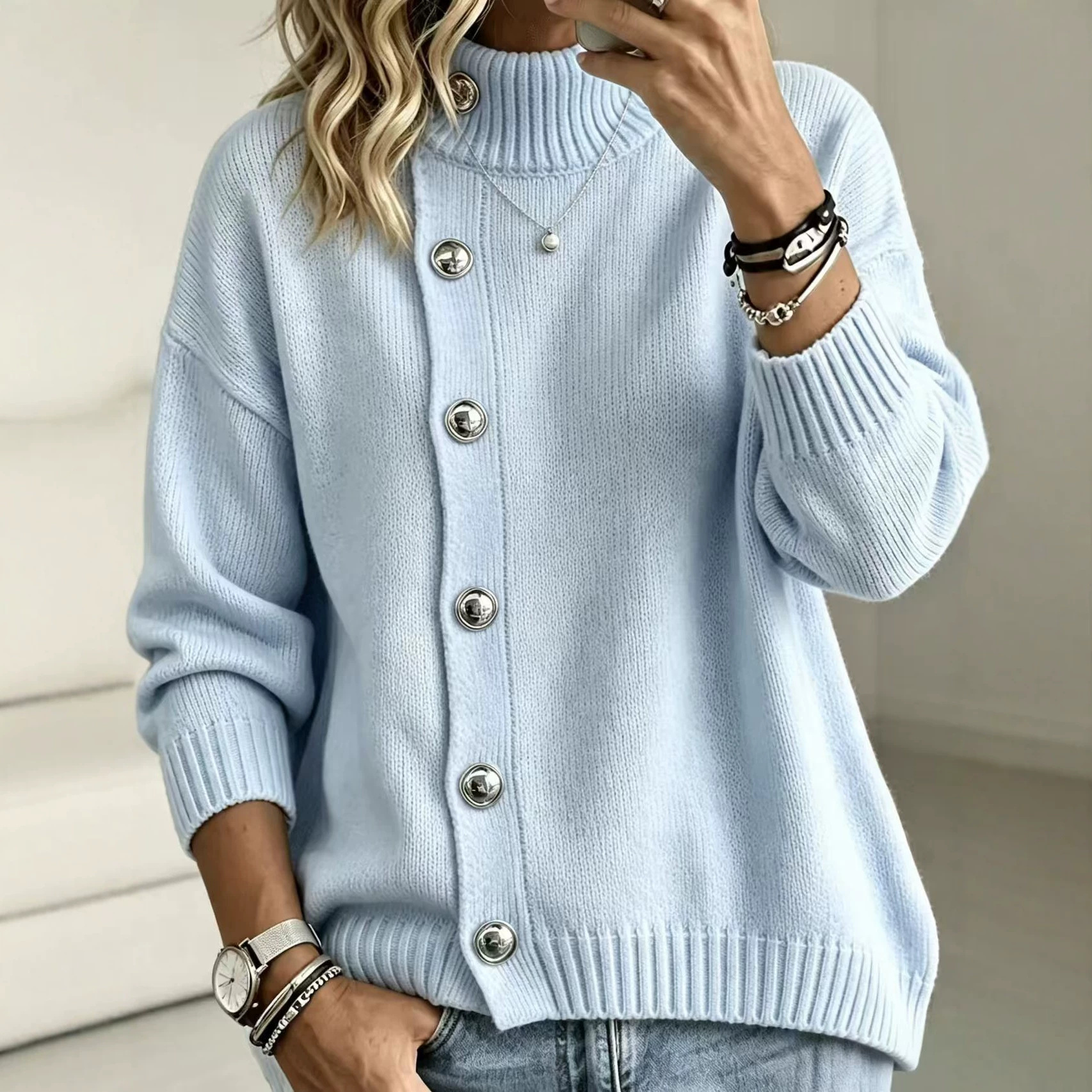 Womens Loose-Fit Turtleneck Sweater With Metal Buttons