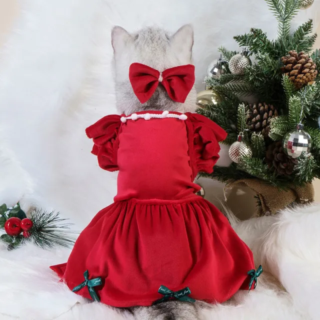 Pet Christmas Dress Silver Fox Velvet Autumn And Winter Dog Clothes Red Dress Headdress Flower - Shop at LoveMi