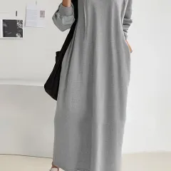 Plus Size Solid Colour Drawstring Hooded Dress - Grey - View 1