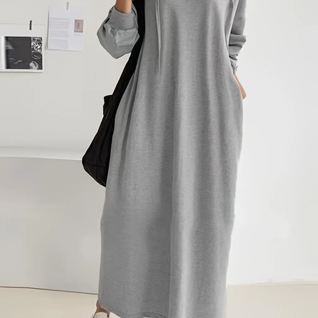 Plus Size Solid Color Drawstring Hooded Dress - Gray