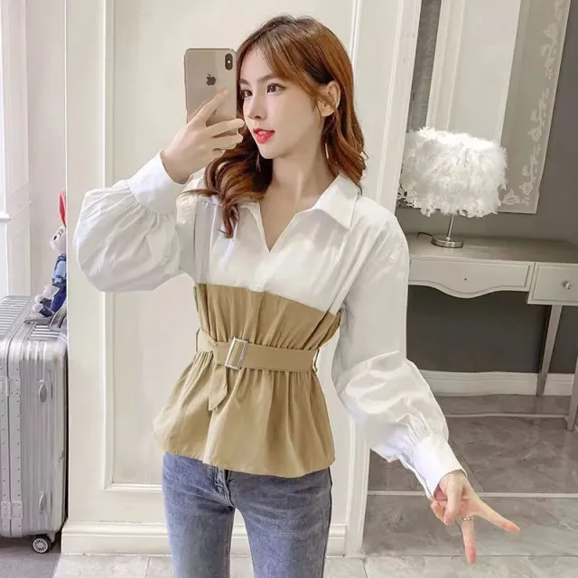 Long Sleeve Cinched Patchwork False Two piece Suit Shirt Khaki - Shop at LoveMi