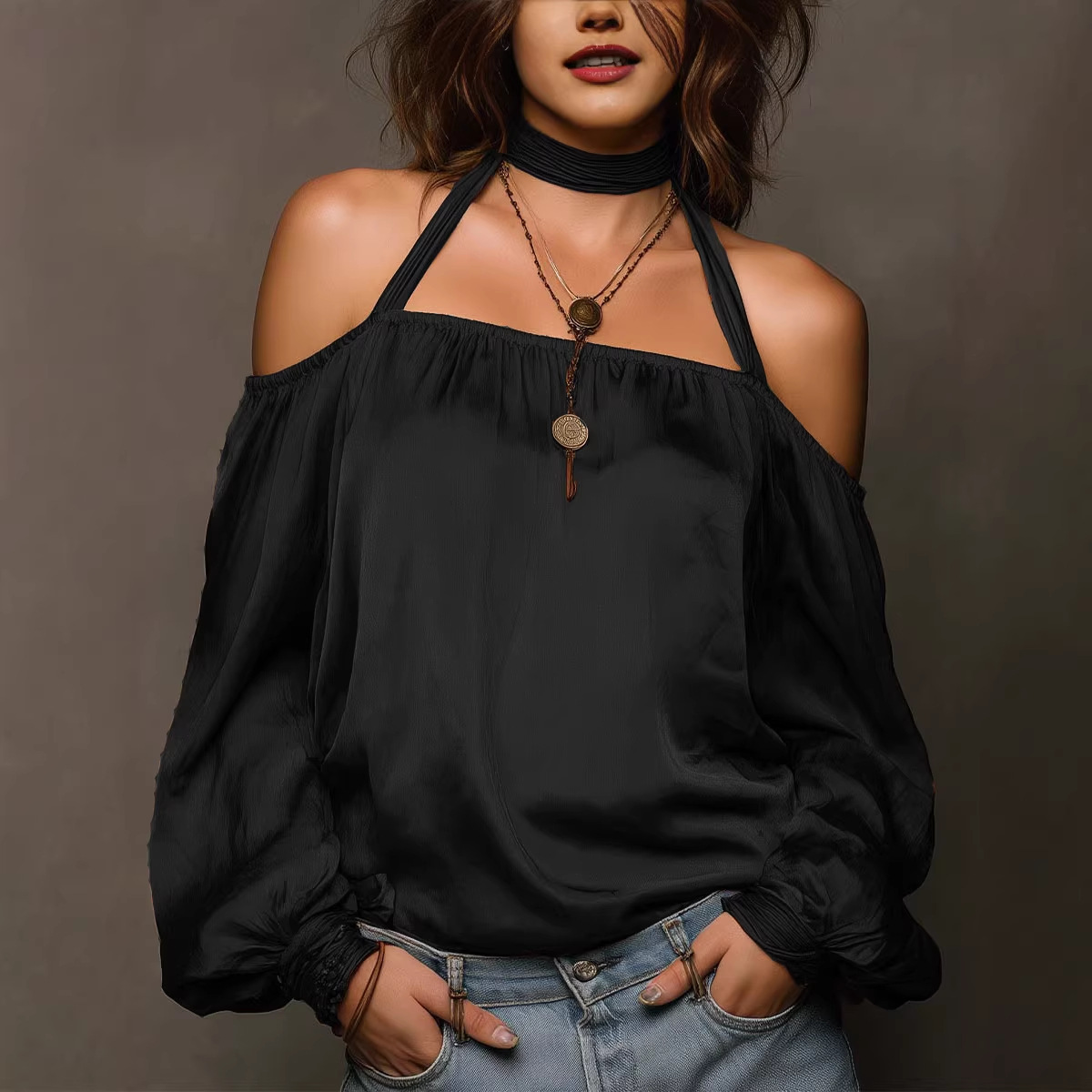 Womens Stylish Casual Off-shoulder Satin Top