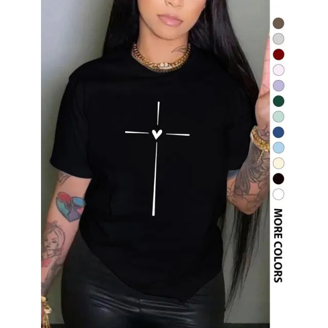 Women's Cross Heart Print Round Neck Tee Graphic Tees T shirt Black - Shop at LoveMi
