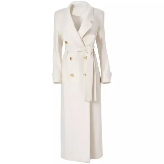 Elegant Double Breasted Lace Up Slim Fit Extended Women's White Back Slit Overcoat Coat White - Shop at LoveMi