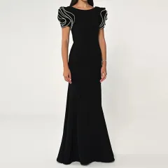 Round Neck Petal Sleeve Fishtail Skirt Dress - Black - View 1