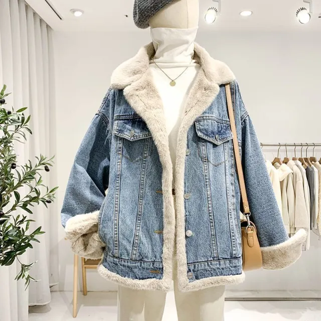 Denim Coat Women's Loose Lambswool Casual All matching Denim Blue Velvet - Shop at LoveMi