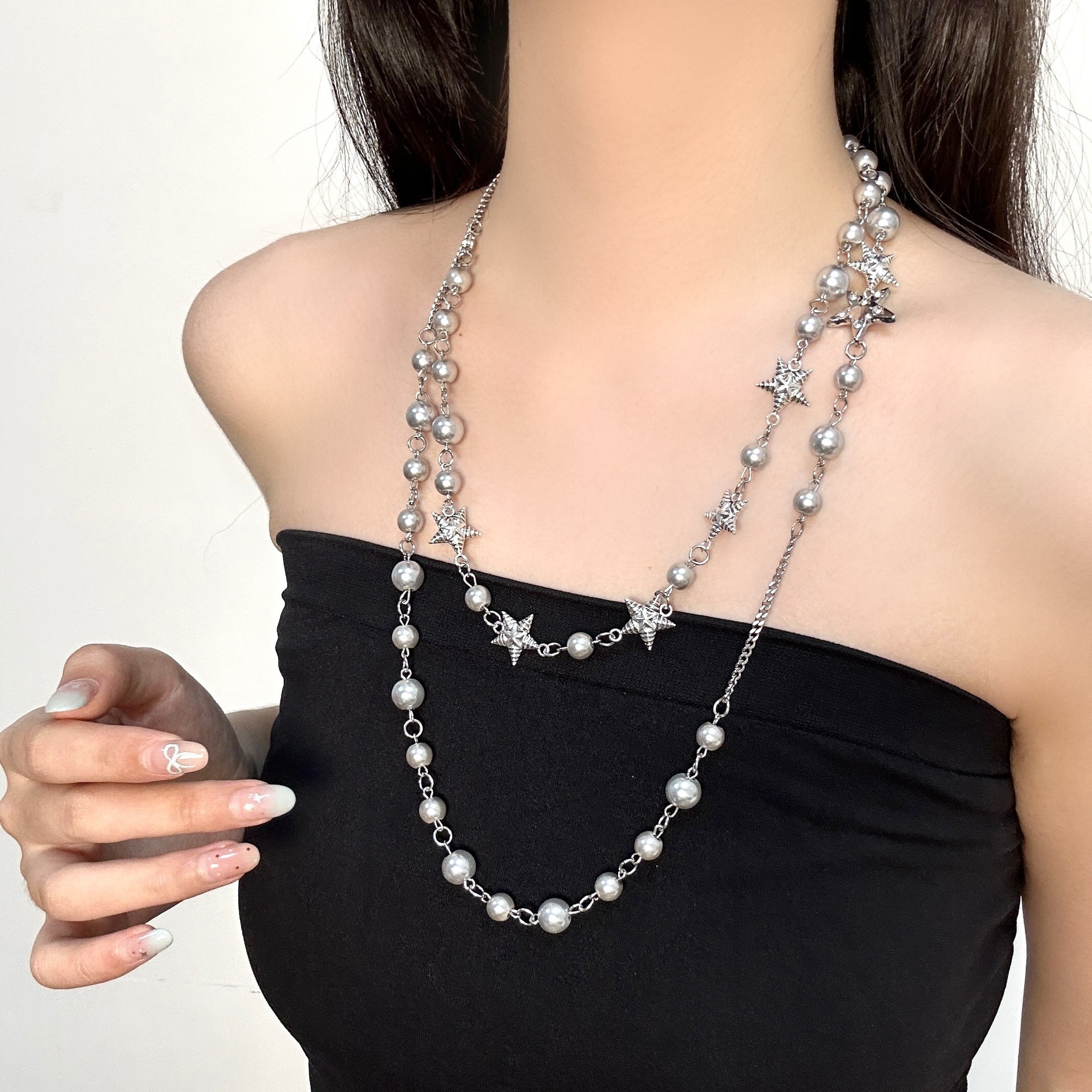 High-End Dual-Layer Starry Sky Pearl Statement Necklace
