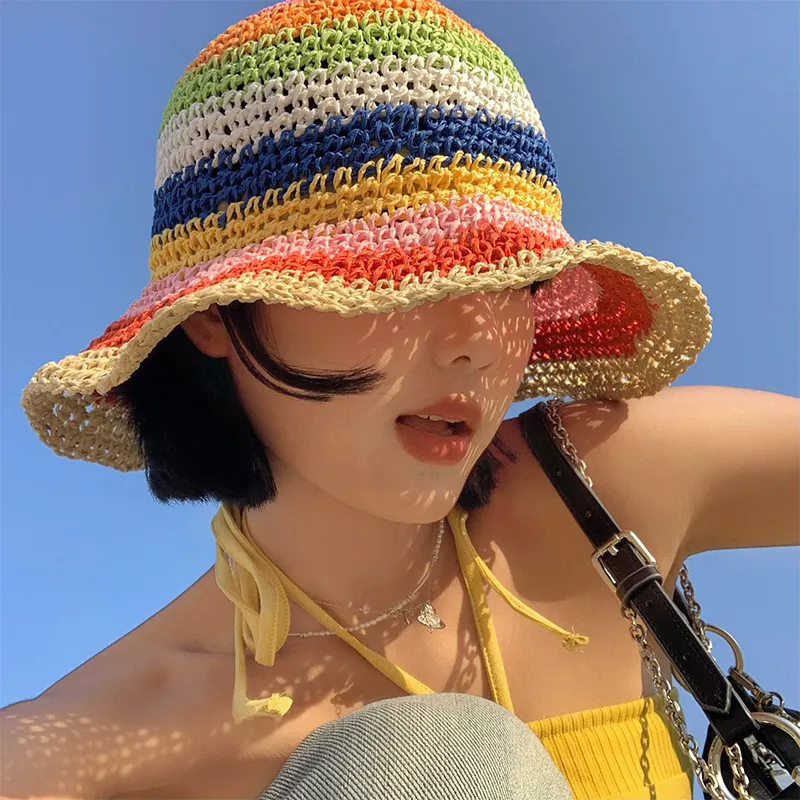 Rainbow Straw Bucket Hat Women's Summer Breathable Sun-proof Sun Protection - Beige