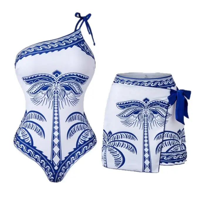 Sexy One-shoulder Printed One-piece Swimsuit With A Short Skirttwo-piece Set