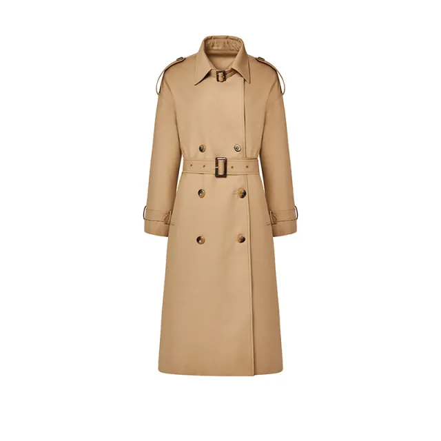 Autumn New Women's Stand Collar Adjustable Collar Loop Double Breasted Profile Lengthened Trench Coat Khaki - Shop at LoveMi