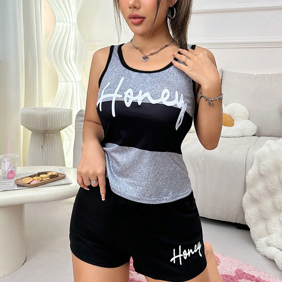 Sports Digital-print Tank Top And Shorts Two-piece Set